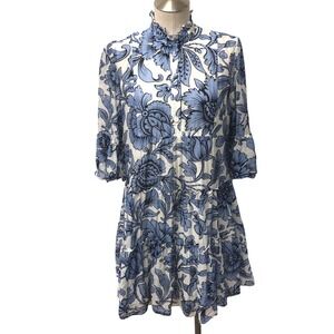Erdem Wyn Dress Womens 6 US Blue White Floral Silk Cotton Tiered Mini Boho